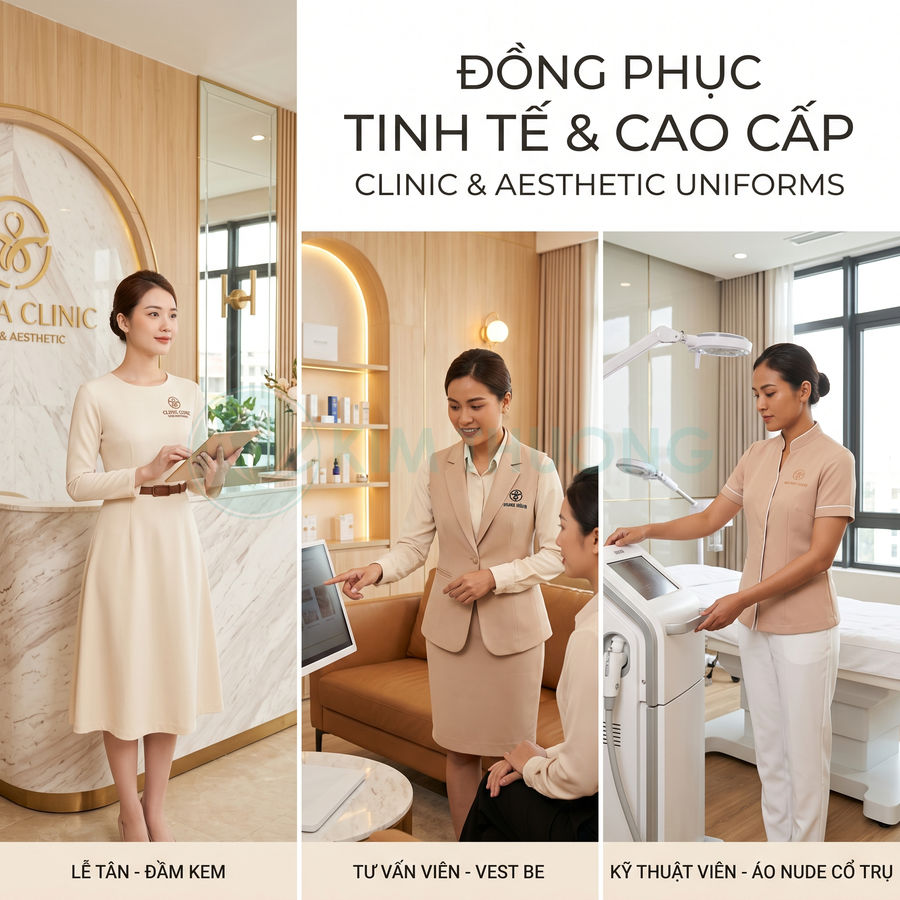 Đồng phục spa thẩm mỹ cao cấp màu kem và nude cho lễ tân, tư vấn viên, kỹ thuật viên