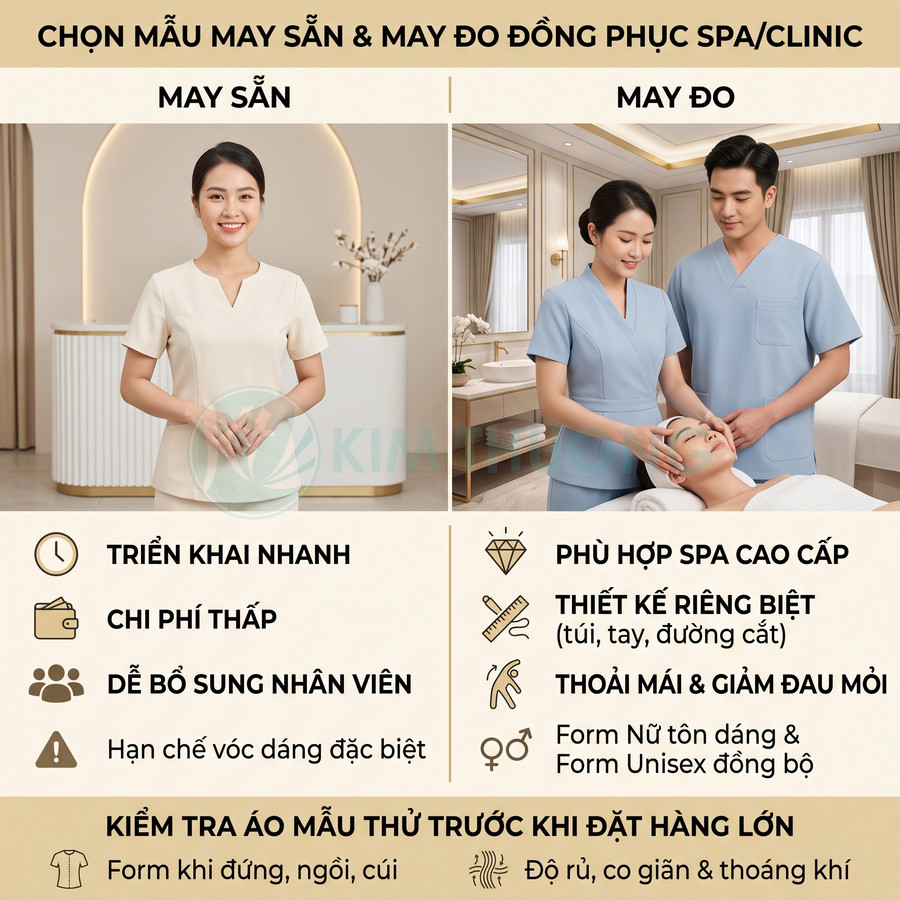 Đồng phục spa may sẵn và may đo, nhân viên mặc áo quần màu be và xanh trong không gian spa cao cấp
