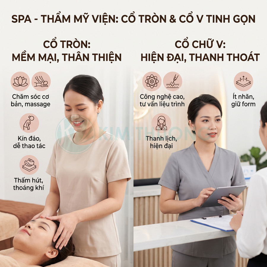 Đồng phục spa cổ tròn và cổ chữ V màu be xám cho nhân viên massage và tư vấn thẩm mỹ viện