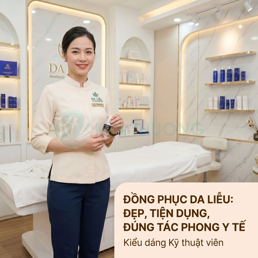 Nữ kỹ thuật viên da liễu mặc đồng phục màu kem xanh đứng trong phòng spa cầm chai serum chăm sóc da