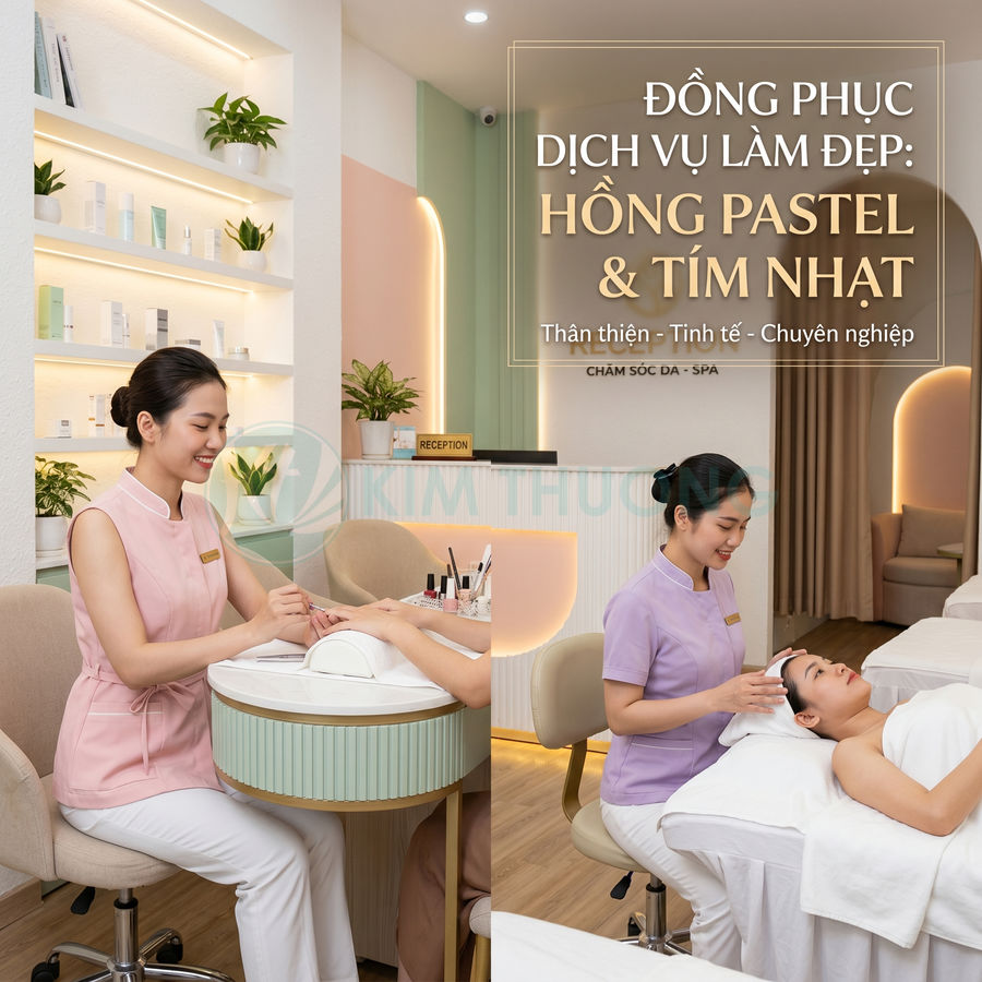 Nhân viên spa mặc đồng phục hồng pastel và tím nhạt chăm sóc da và làm móng cho khách hàng