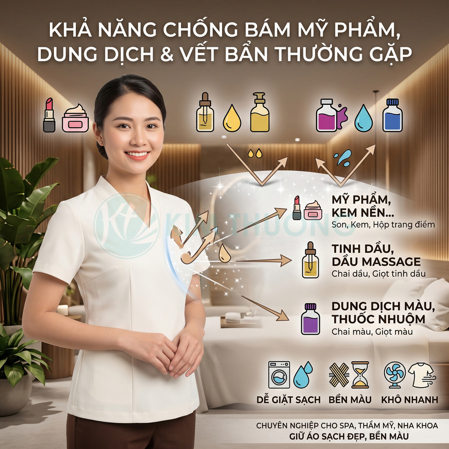 Đồng phục spa nữ màu trắng chống bám mỹ phẩm tinh dầu dung dịch màu dễ giặt sạch bền màu nhanh khô