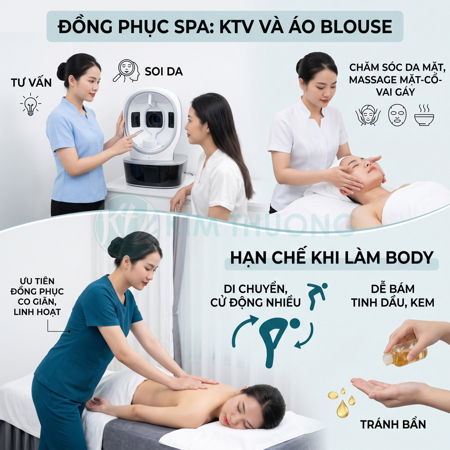 Nhân viên spa mặc đồng phục KTV và áo blouse tư vấn soi da, massage mặt cổ vai và chăm sóc body cho khách hàng