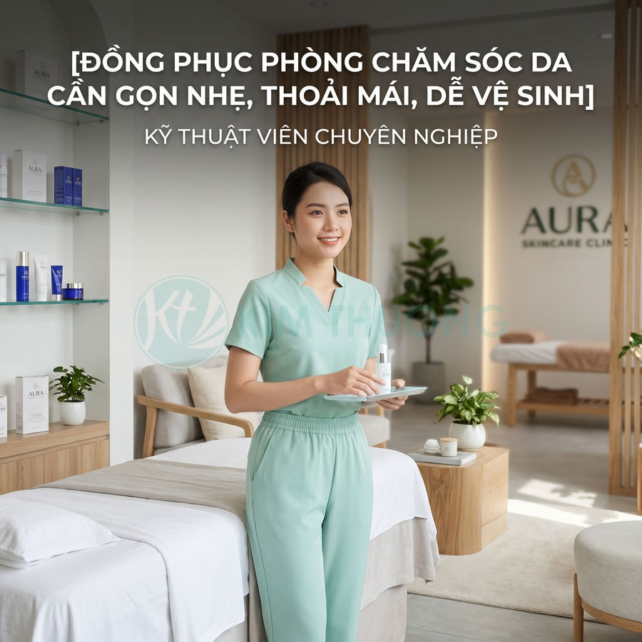Đồng phục spa màu xanh mint cho kỹ thuật viên chăm sóc da tại phòng trị liệu hiện đại