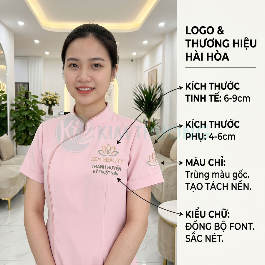 Đồng phục spa Sen Beauty màu hồng thêu logo hoa sen và tên kỹ thuật viên Thanh Huyền nổi bật