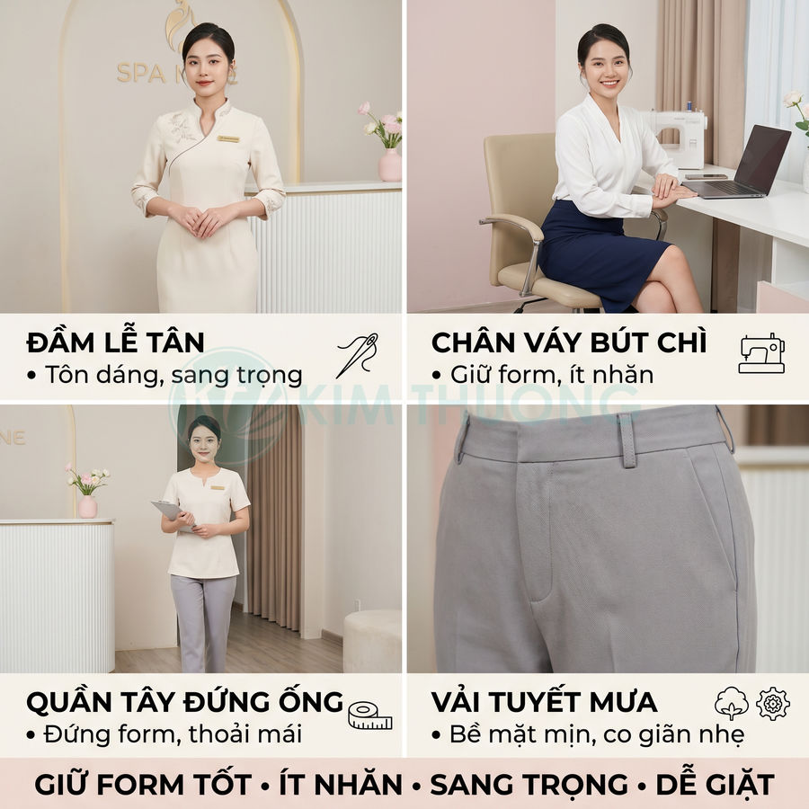 Đồng phục spa cao cấp gồm đầm lễ tân, chân váy bút chì, quần tây đứng ống chất liệu vải tuyết mưa