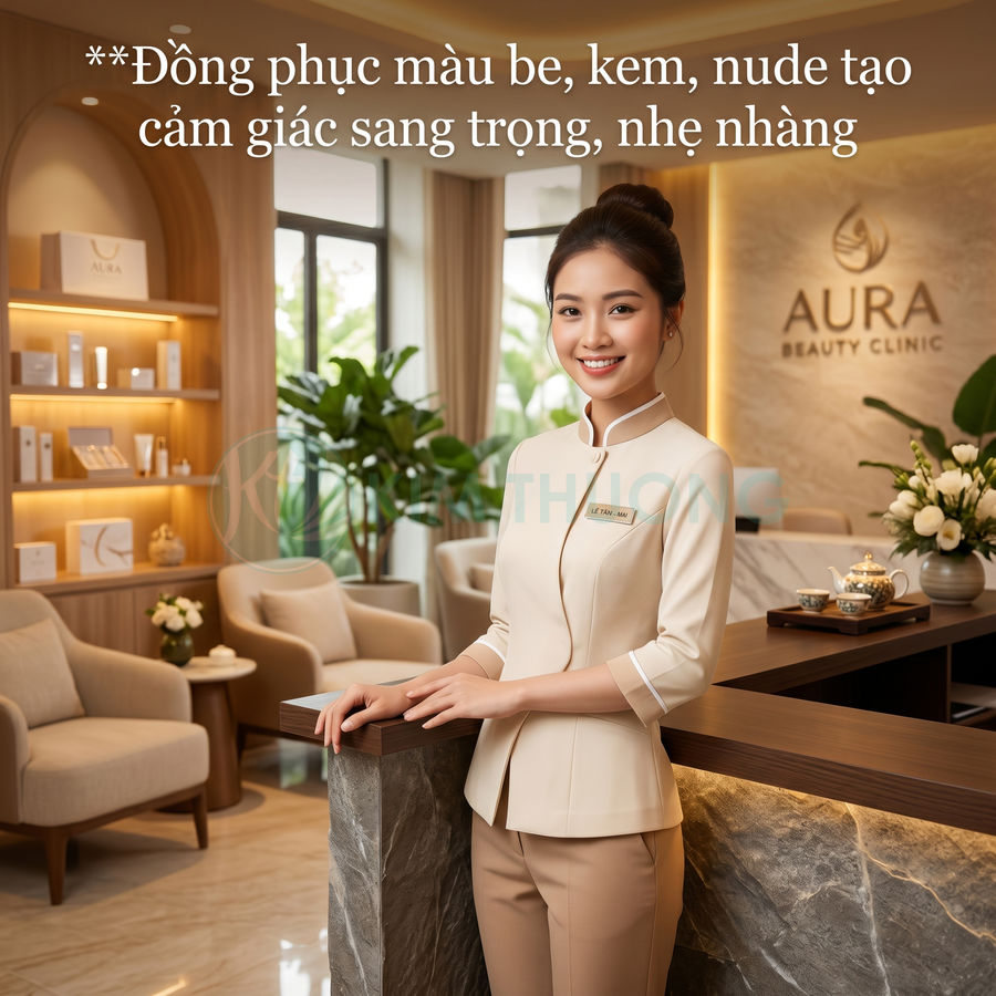 Đồng phục spa màu be kem sang trọng cho nhân viên lễ tân tại Aura Beauty Clinic
