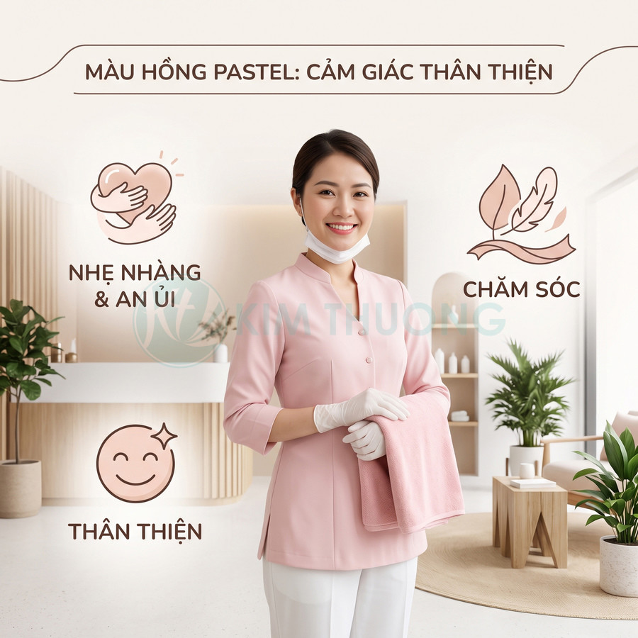 Nhân viên spa mặc đồng phục hồng pastel cầm khăn, tạo cảm giác nhẹ nhàng thân thiện trong không gian chăm sóc spa