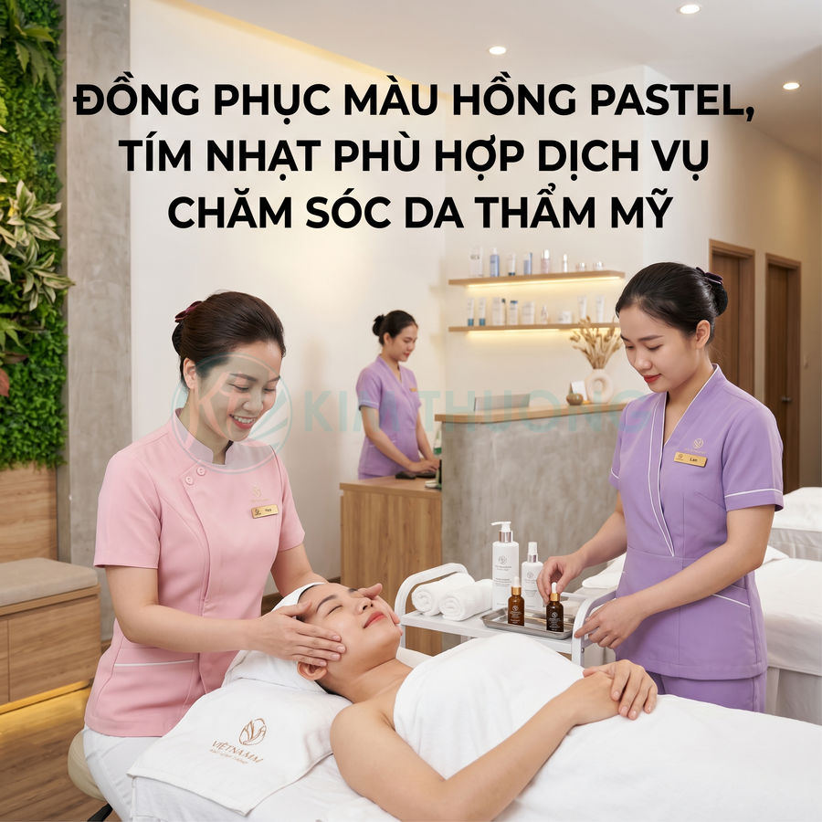 Nhân viên spa mặc đồng phục hồng pastel tím nhạt chăm sóc da mặt cho khách trong phòng trị liệu