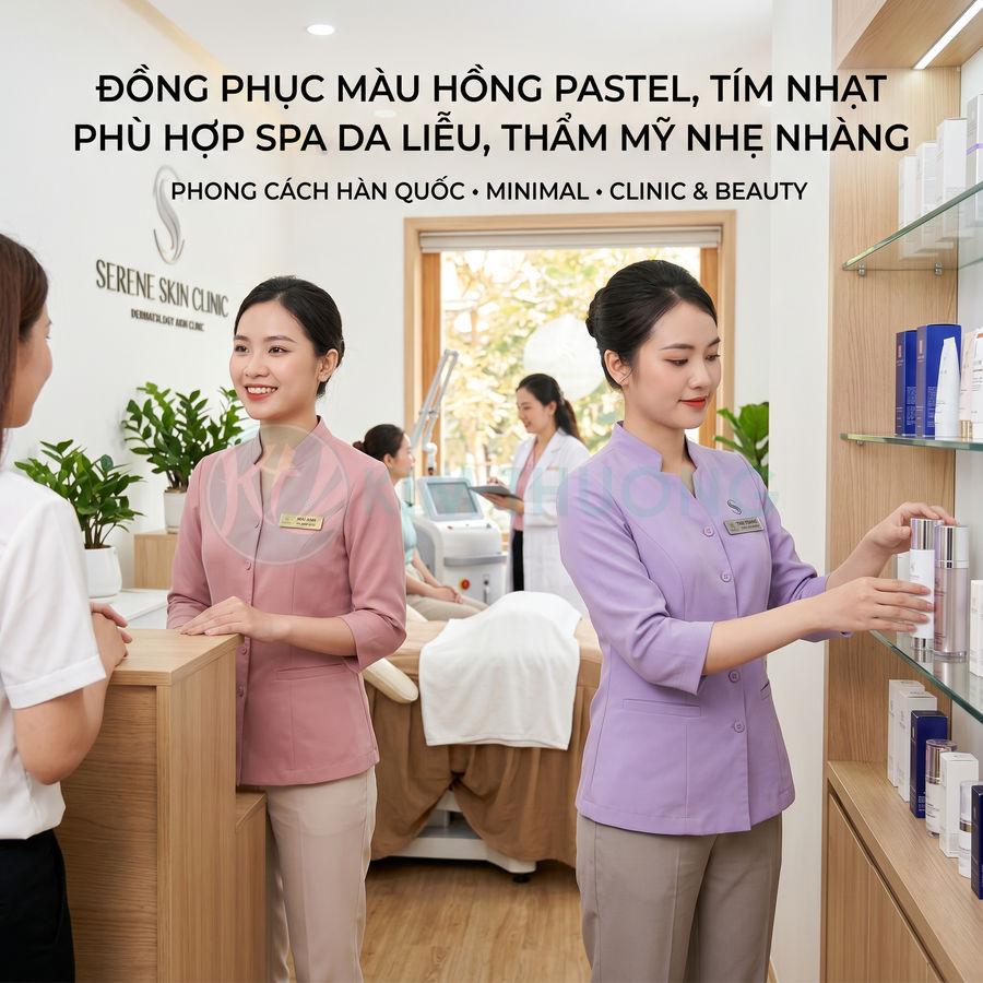 Nhân viên spa mặc đồng phục hồng pastel và tím nhạt phong cách Hàn Quốc tư vấn khách hàng trong phòng trị liệu