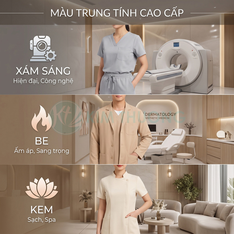 Đồng phục spa màu xám, be và kem cho nhân viên y tế trong không gian phòng khám hiện đại cao cấp
