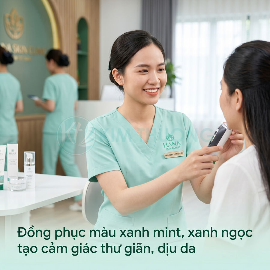 Nhân viên Hana Skin Clinic mặc đồng phục xanh mint tư vấn và soi da cho khách hàng trong phòng khám spa