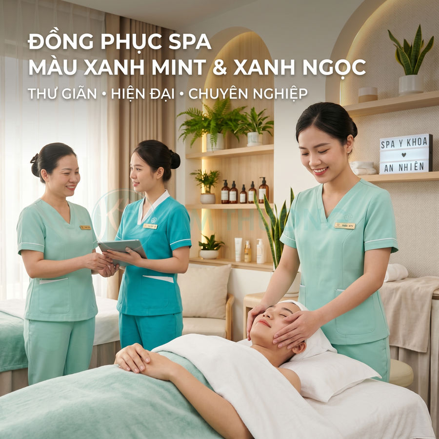Nhân viên spa mặc đồng phục màu xanh mint và xanh ngọc chăm sóc da mặt cho khách trong phòng spa hiện đại
