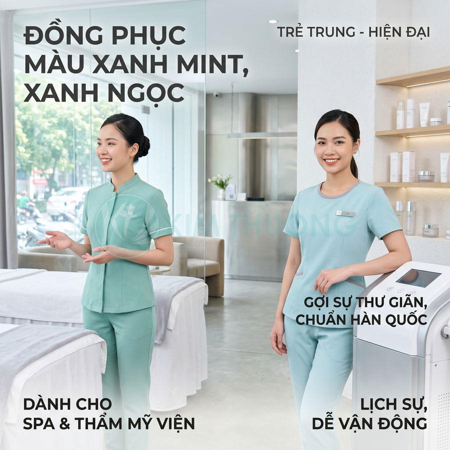 Đồng phục spa màu xanh mint cho nhân viên nữ, thiết kế trẻ trung hiện đại trong không gian thẩm mỹ viện