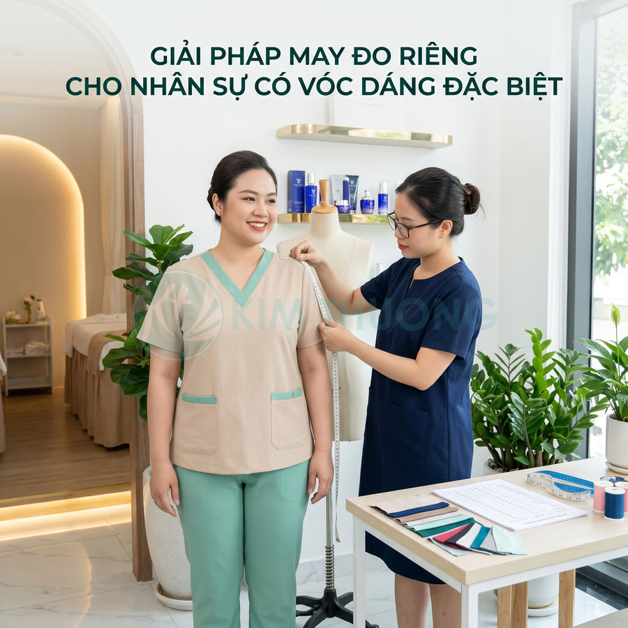 Nhân viên may đo đồng phục spa cho khách hàng nữ vóc dáng đặc biệt trong phòng thử đồ sáng sủa