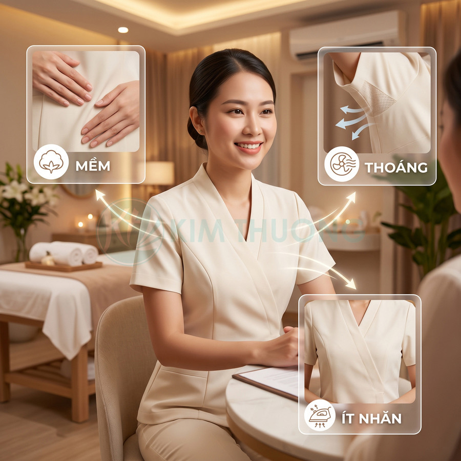 Đồng phục spa màu kem cho nhân viên nữ, chất liệu mềm, thoáng khí, ít nhăn, phù hợp môi trường spa cao cấp