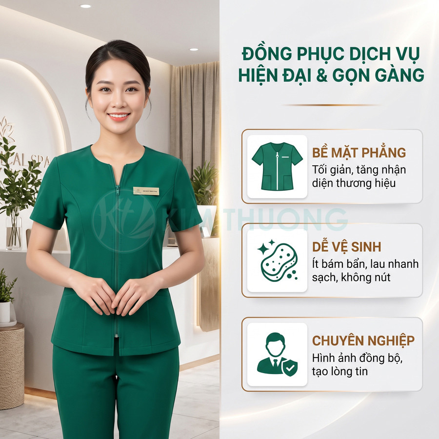 Nhân viên spa mặc đồng phục dịch vụ màu xanh hiện đại gọn gàng trong không gian spa sáng sạch