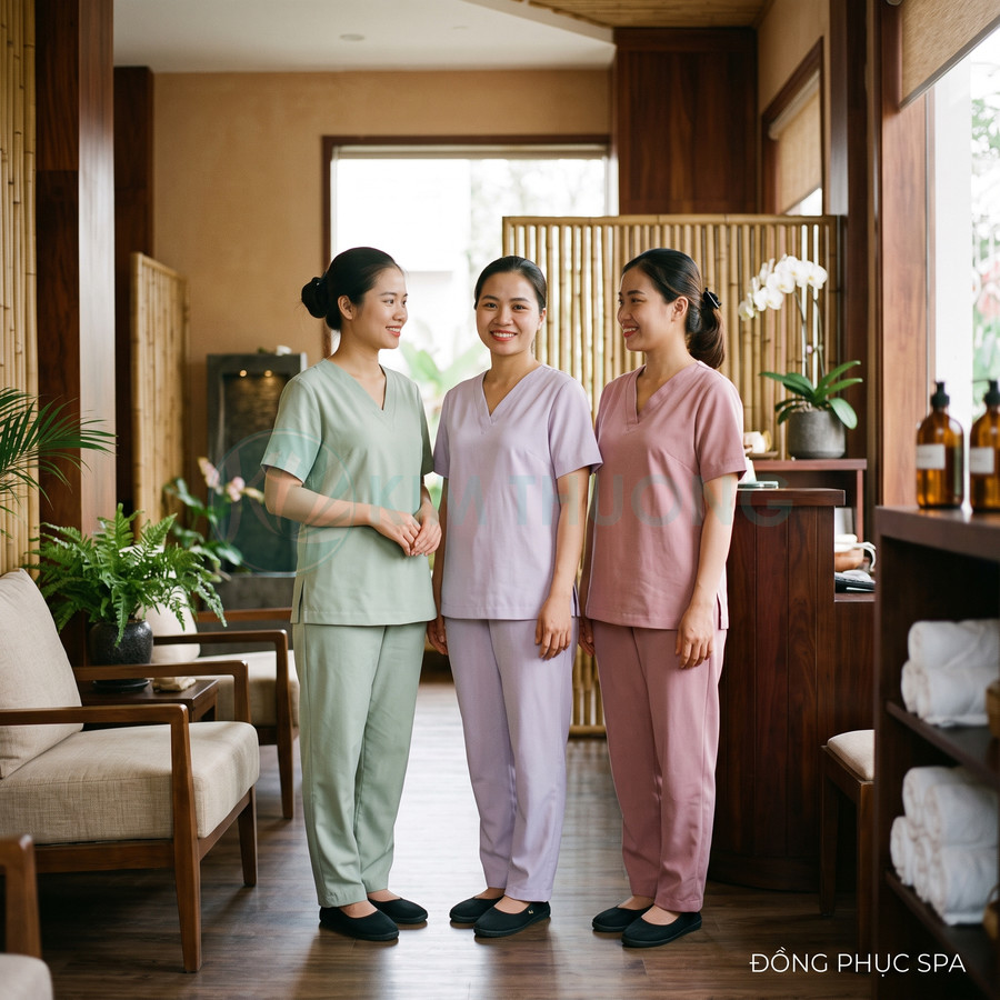 Đồng phục spa nữ màu pastel tay ngắn quần dài, chất vải mềm, nhân viên đứng trong không gian spa hiện đại