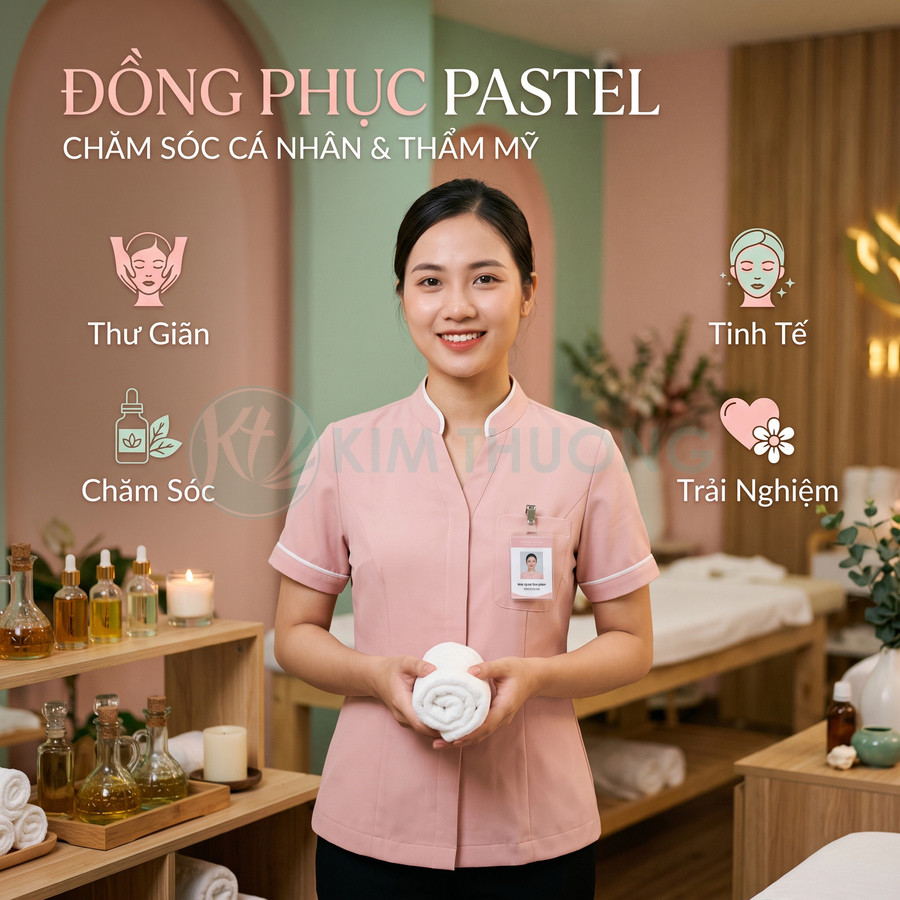 Đồng phục spa màu hồng pastel cho nhân viên chăm sóc cá nhân và thẩm mỹ trong không gian spa hiện đại