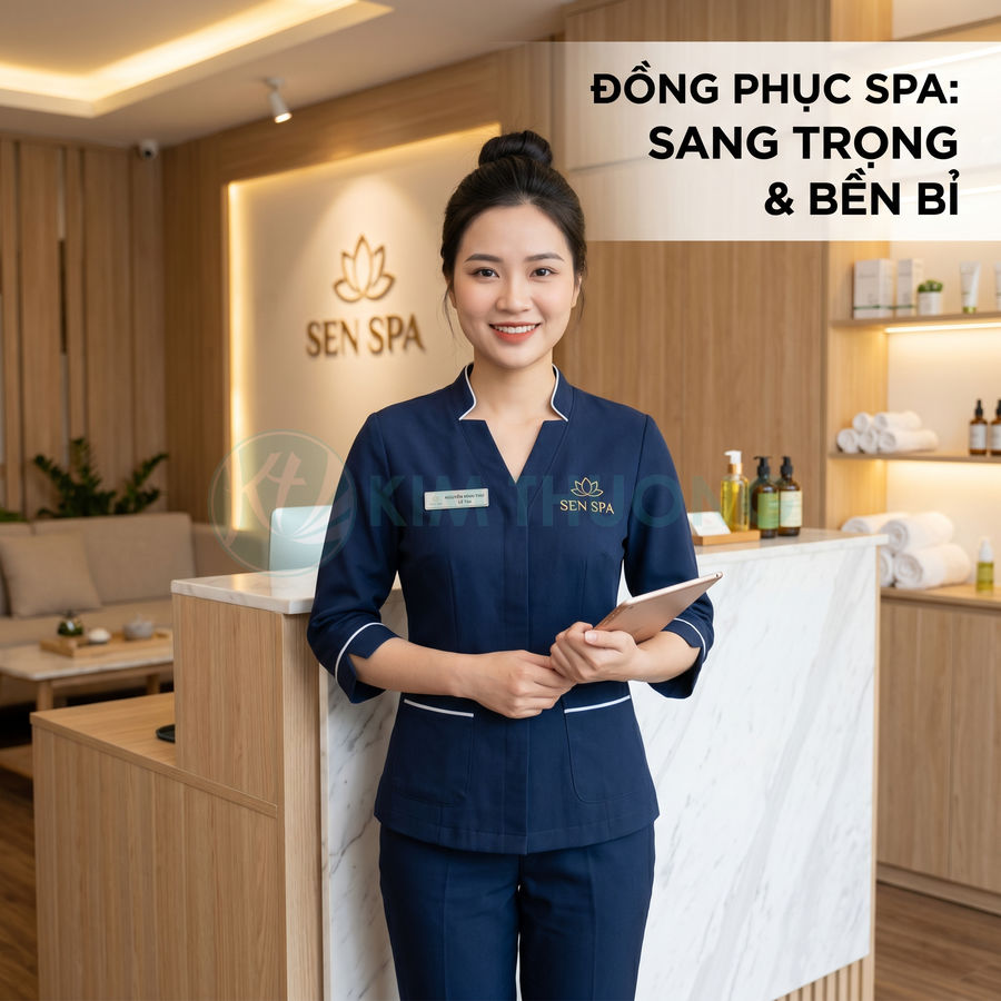 Nhân viên Sen Spa mặc đồng phục spa màu xanh navy sang trọng đứng tại quầy lễ tân spa hiện đại