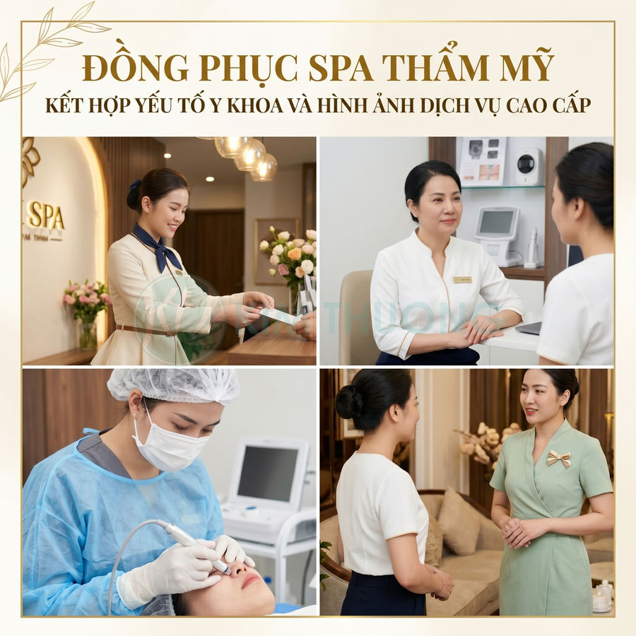 Đồng phục spa thẩm mỹ cao cấp cho nhân viên lễ tân và kỹ thuật viên trong không gian hiện đại