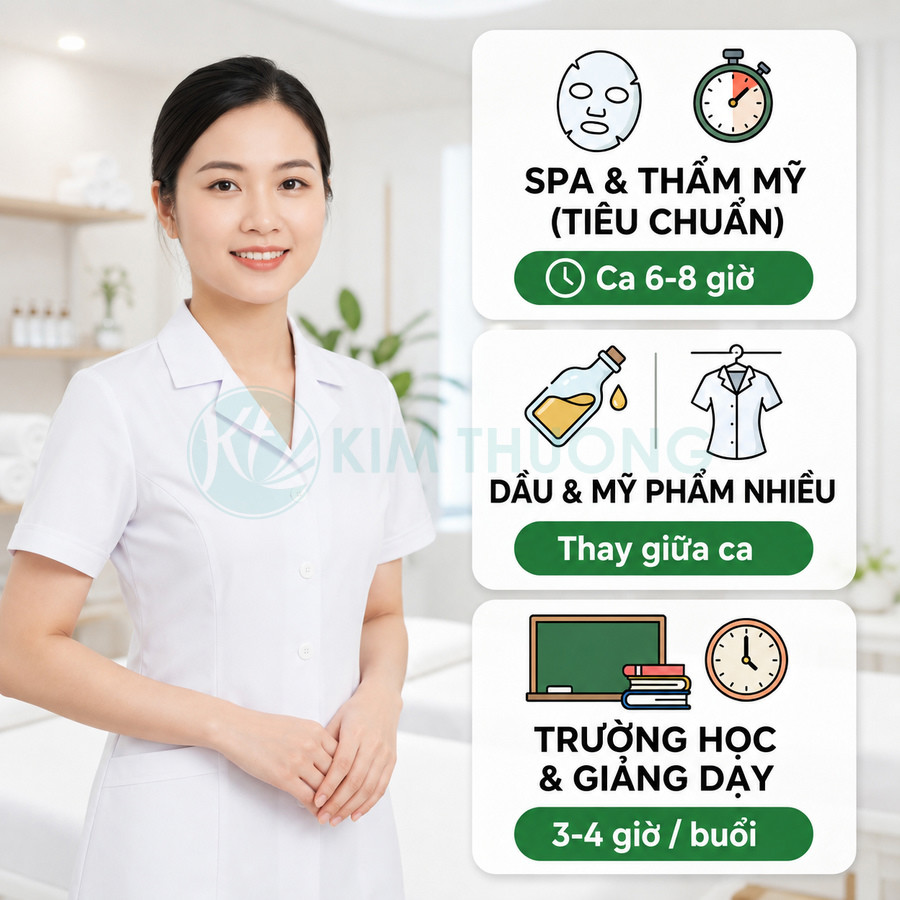 Đồng phục y tá spa màu trắng tay ngắn cho nhân viên nữ Kim Thương đứng trong phòng spa sáng sạch