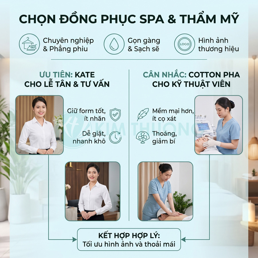 Đồng phục spa gồm áo sơ mi trắng cho lễ tân và bộ cotton xanh cho kỹ thuật viên spa, thẩm mỹ