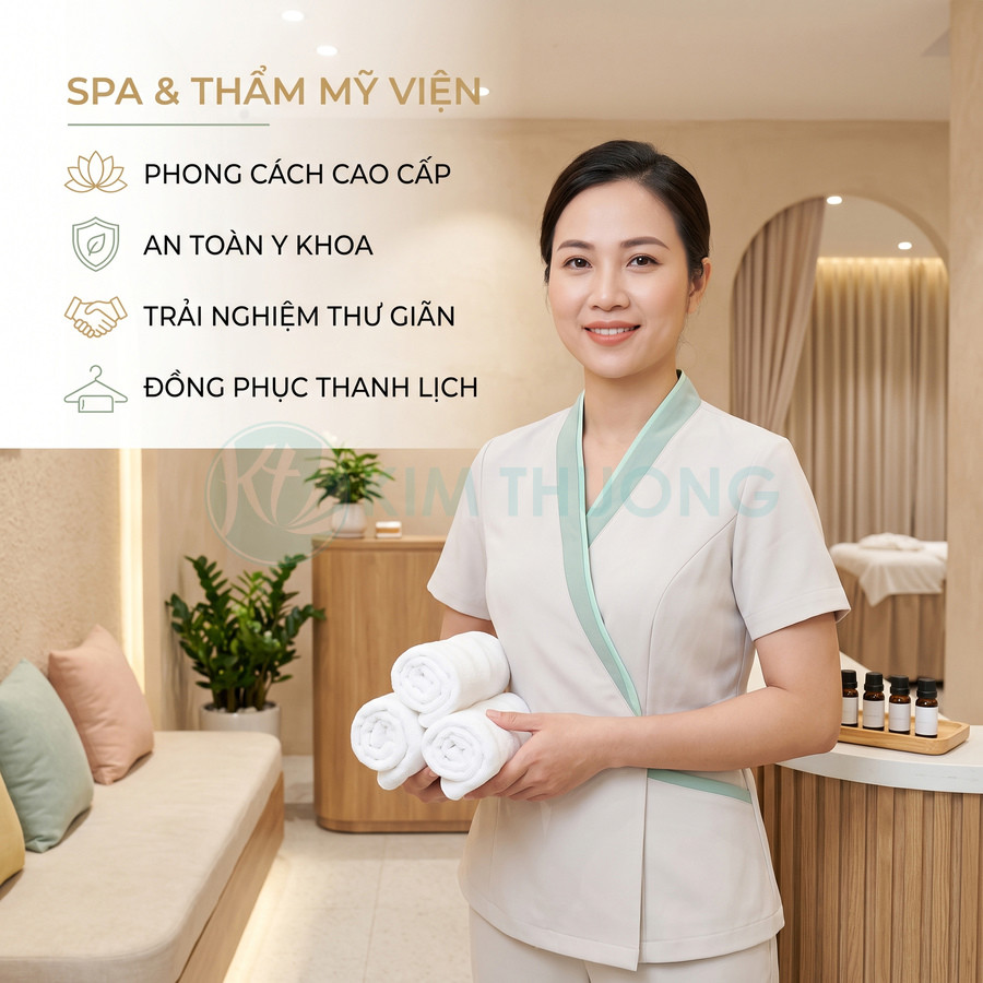 Nhân viên spa mặc đồng phục thanh lịch cầm khăn tắm trắng trong không gian spa cao cấp