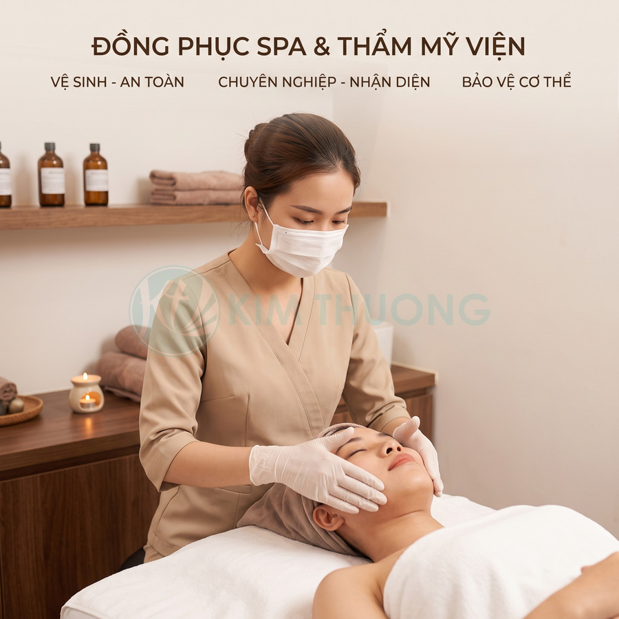 Nhân viên spa mặc đồng phục Kim Thương màu be, đeo khẩu trang găng tay, massage mặt cho khách nằm trên giường spa