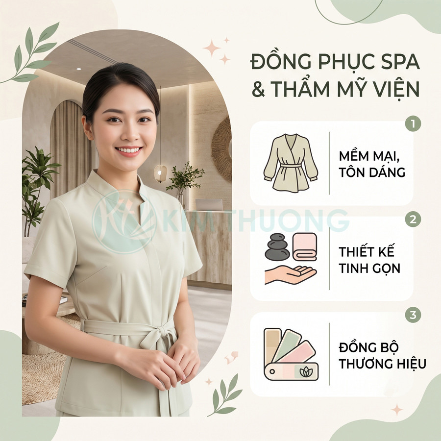 Nhân viên spa mặc đồng phục màu be dáng váy thắt eo đứng trong không gian spa hiện đại