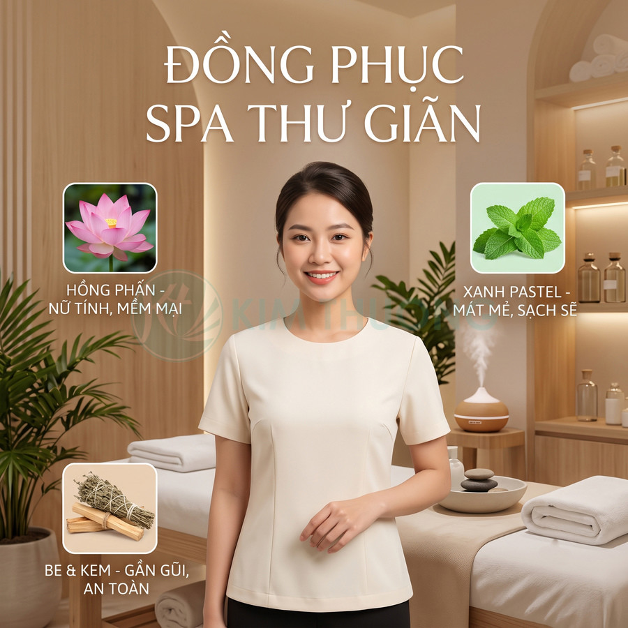 Đồng phục spa màu be kem cho nhân viên nữ trong không gian spa thư giãn, hiện đại và ấm cúng