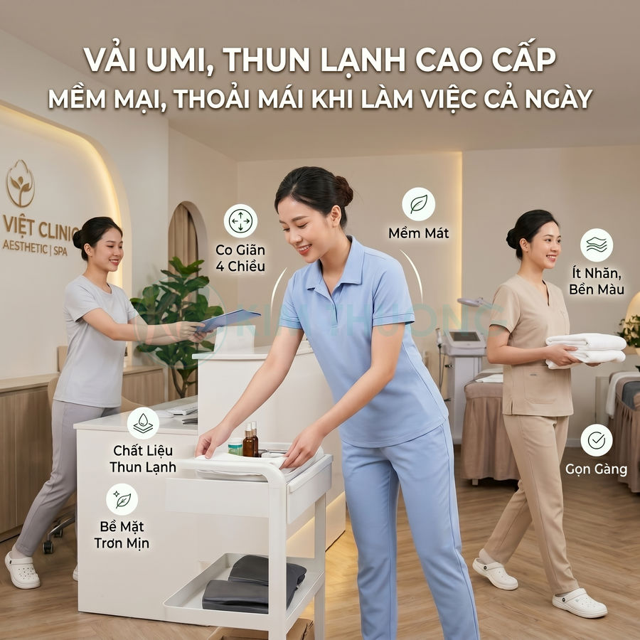 Đồng phục spa vải umi thun lạnh cao cấp cho nhân viên nữ, co giãn 4 chiều, mềm mát, ít nhăn gọn gàng