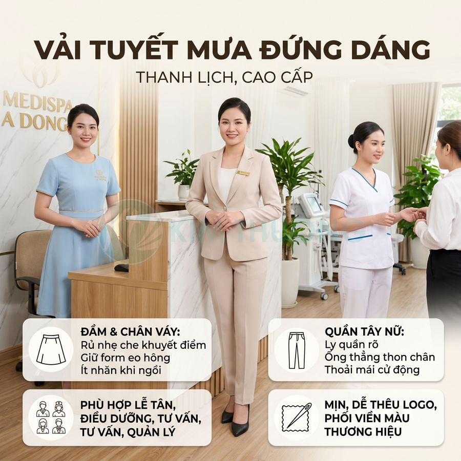 Đồng phục spa vải tuyết mưa cao cấp cho lễ tân, điều dưỡng và tư vấn viên trong không gian Medispa A Đông