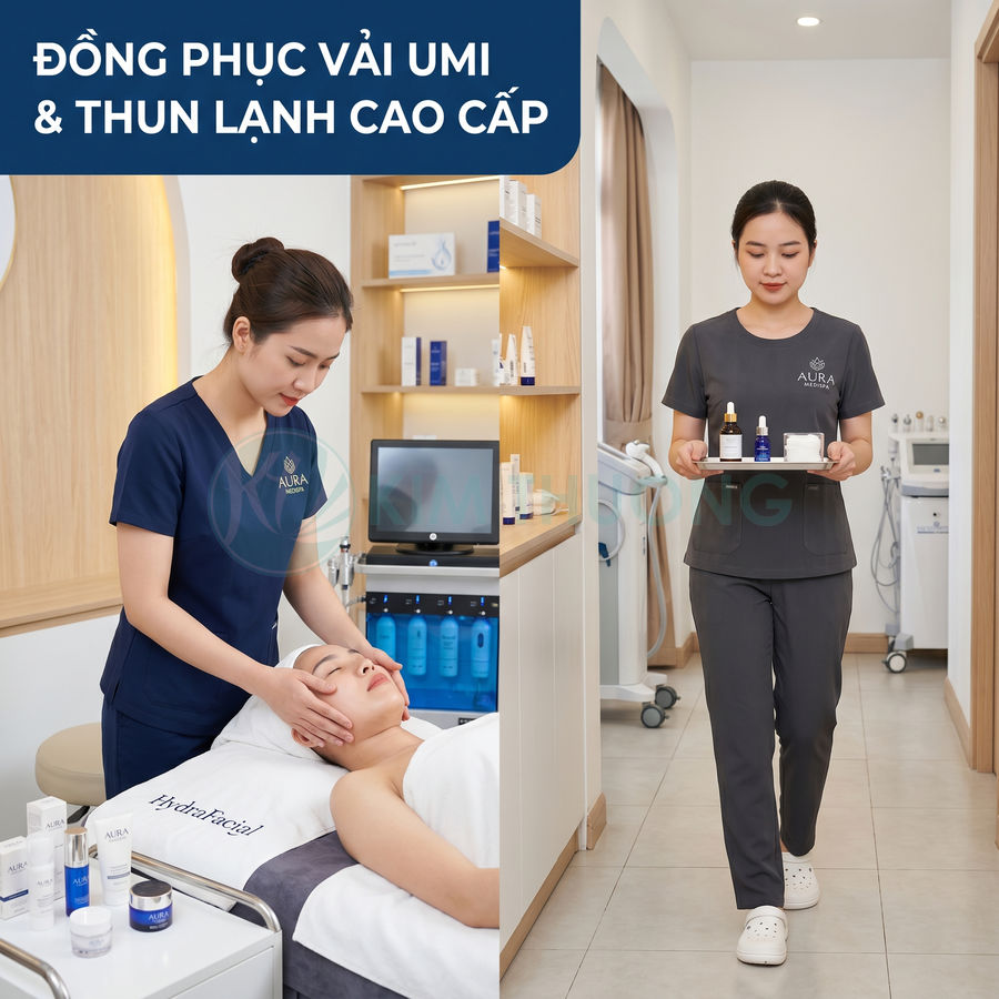 Đồng phục spa vải umi và thun lạnh cao cấp màu xanh đen xám cho nhân viên chăm sóc da Aura