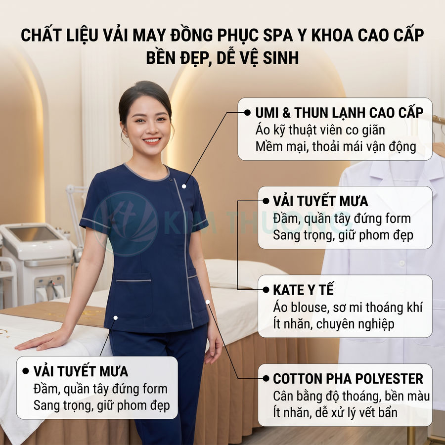 Nhân viên spa mặc đồng phục y khoa màu xanh navy, giới thiệu các loại vải may cao cấp bền đẹp dễ vệ sinh