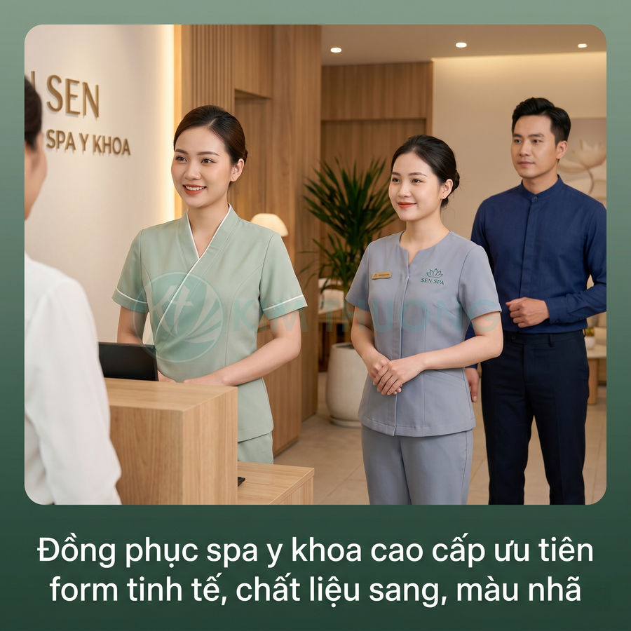 Nhân viên spa mặc đồng phục y khoa cao cấp màu pastel đứng tại quầy lễ tân hiện đại