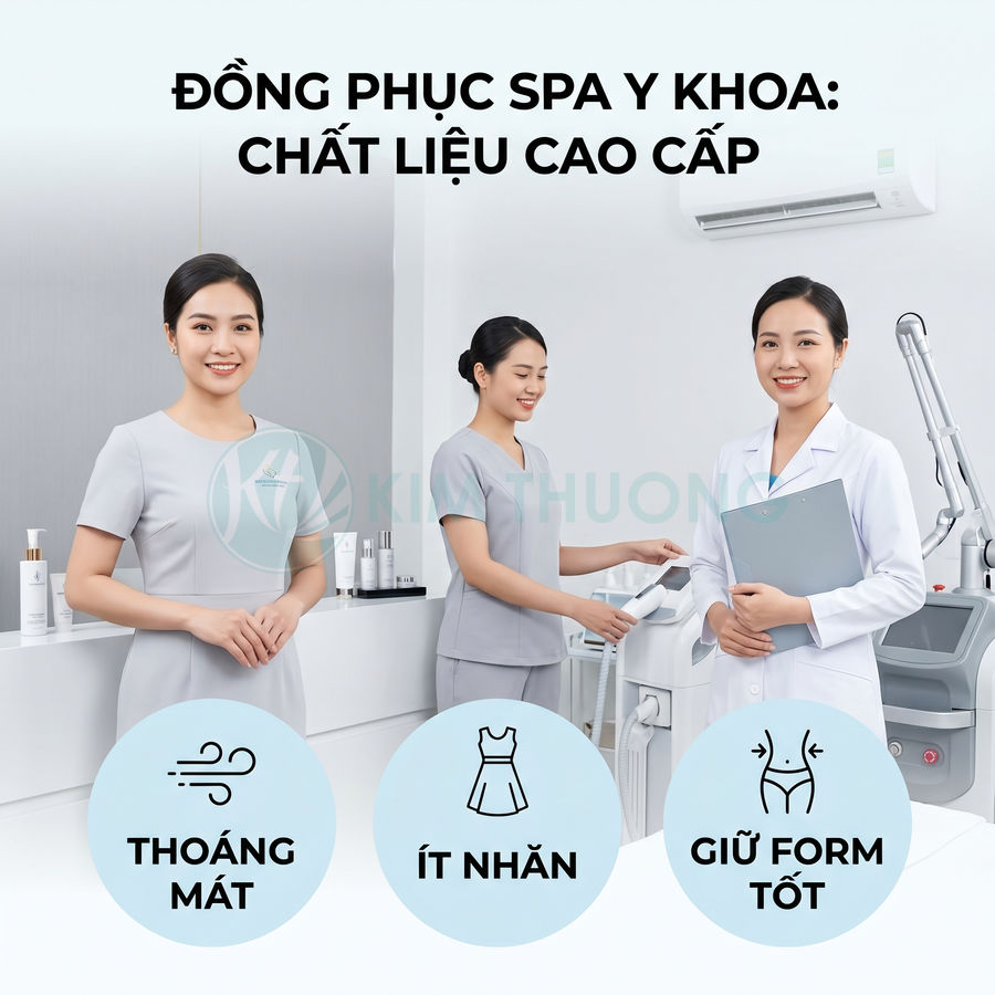 Đồng phục spa y khoa màu xám và áo blouse trắng chất liệu cao cấp, thoáng mát ít nhăn giữ form tốt