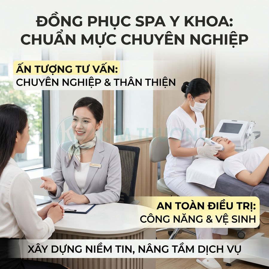 Đồng phục spa y khoa chuyên nghiệp với nhân viên tư vấn và kỹ thuật viên điều trị cho khách hàng
