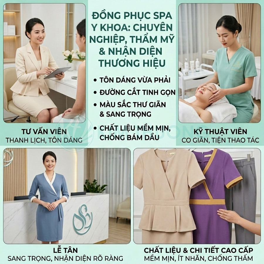 Đồng phục spa y khoa cao cấp cho tư vấn viên, kỹ thuật viên, lễ tân với thiết kế thanh lịch, chất liệu mềm mịn