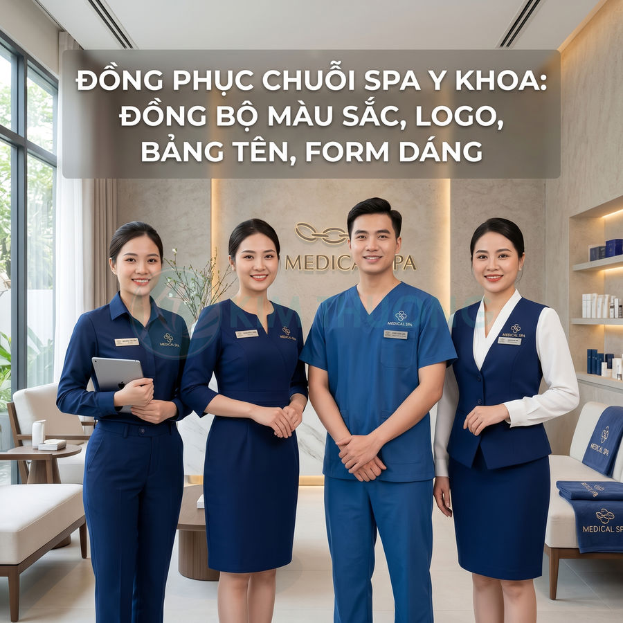 Đồng phục spa y khoa màu xanh navy đồng bộ logo và bảng tên cho nhân viên lễ tân và kỹ thuật viên