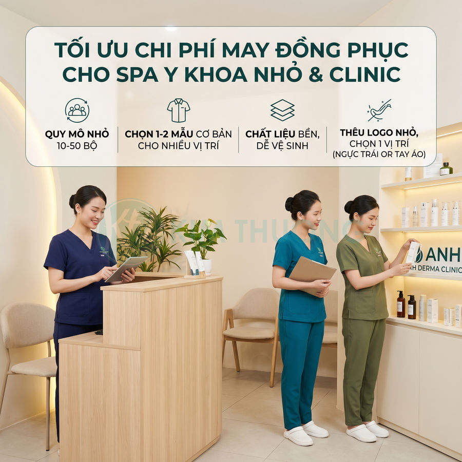 Nhân viên spa mặc đồng phục y khoa nhiều màu đứng tư vấn sản phẩm chăm sóc da trong không gian clinic hiện đại