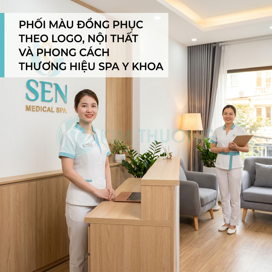 Nhân viên spa y khoa SEN mặc đồng phục trắng viền xanh pastel đứng tại quầy lễ tân hiện đại