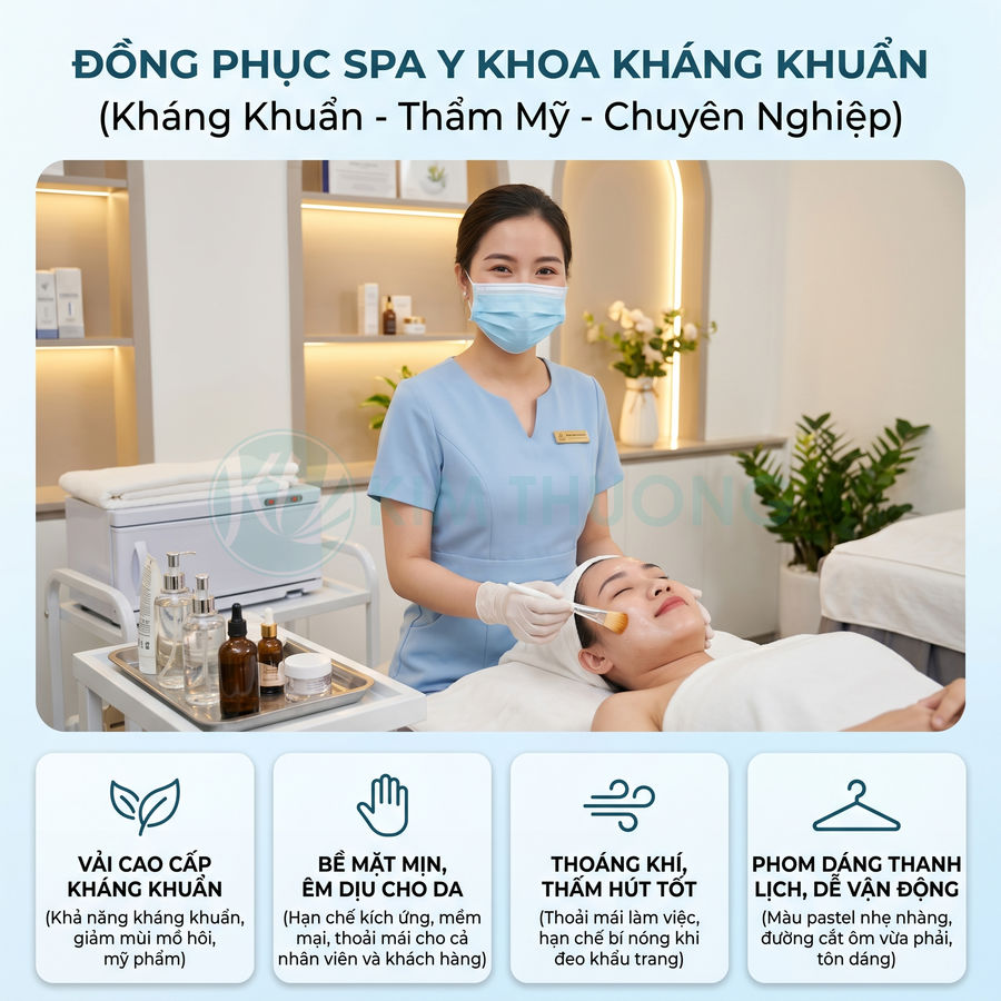 Nhân viên spa mặc đồng phục y khoa kháng khuẩn màu xanh đang chăm sóc da mặt cho khách hàng