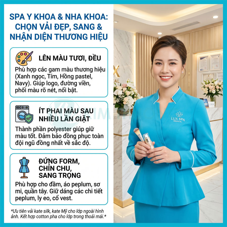 Đồng phục spa y khoa màu xanh ngọc sang trọng, nhân viên nữ cầm mỹ phẩm đứng tại quầy lễ tân LUX SPA