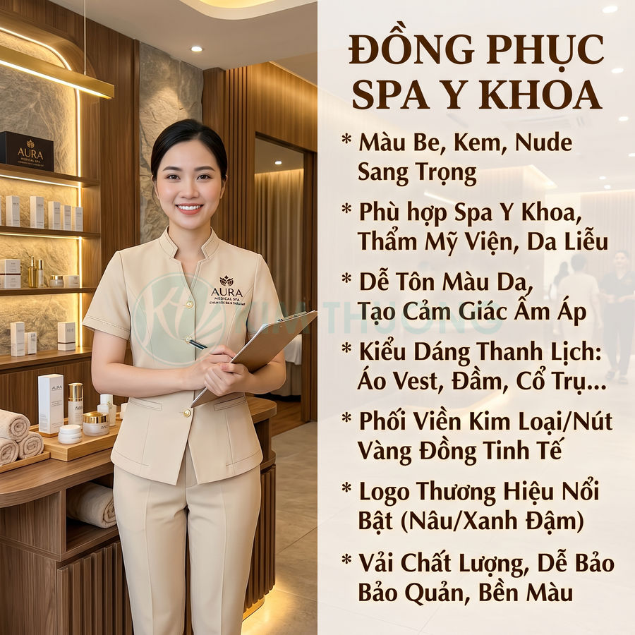 Nhân viên nữ mặc đồng phục spa y khoa màu be thương hiệu Aura đứng trong phòng spa sang trọng