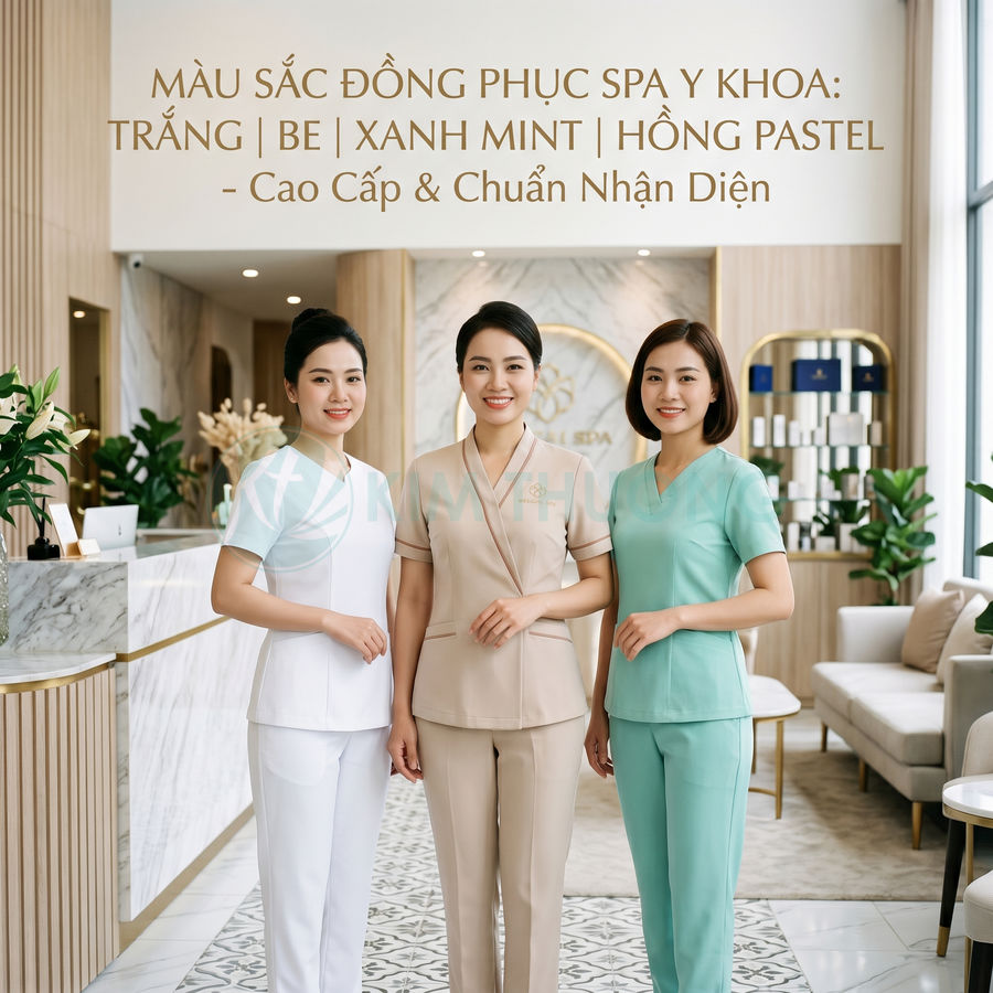 Đồng phục spa y khoa cao cấp màu trắng, be và xanh mint cho nhân viên nữ trong không gian spa hiện đại