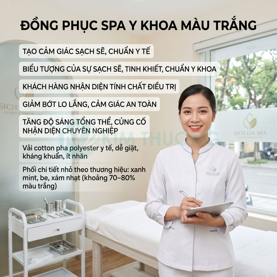 Nhân viên SICH LIA SPA mặc đồng phục spa y khoa màu trắng cầm tablet trong phòng trị liệu sạch sẽ