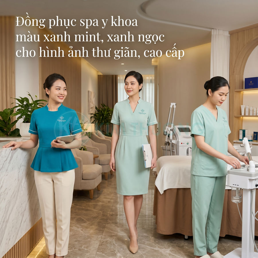 Đồng phục spa y khoa màu xanh mint và xanh ngọc cho nhân viên nữ trong không gian spa cao cấp