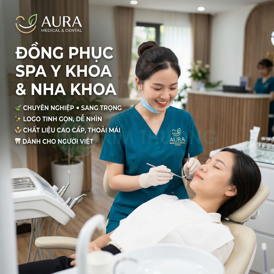 Đồng phục nha khoa Aura Medical and Dental màu xanh cho nhân viên chăm sóc khách hàng trong phòng khám hiện đại