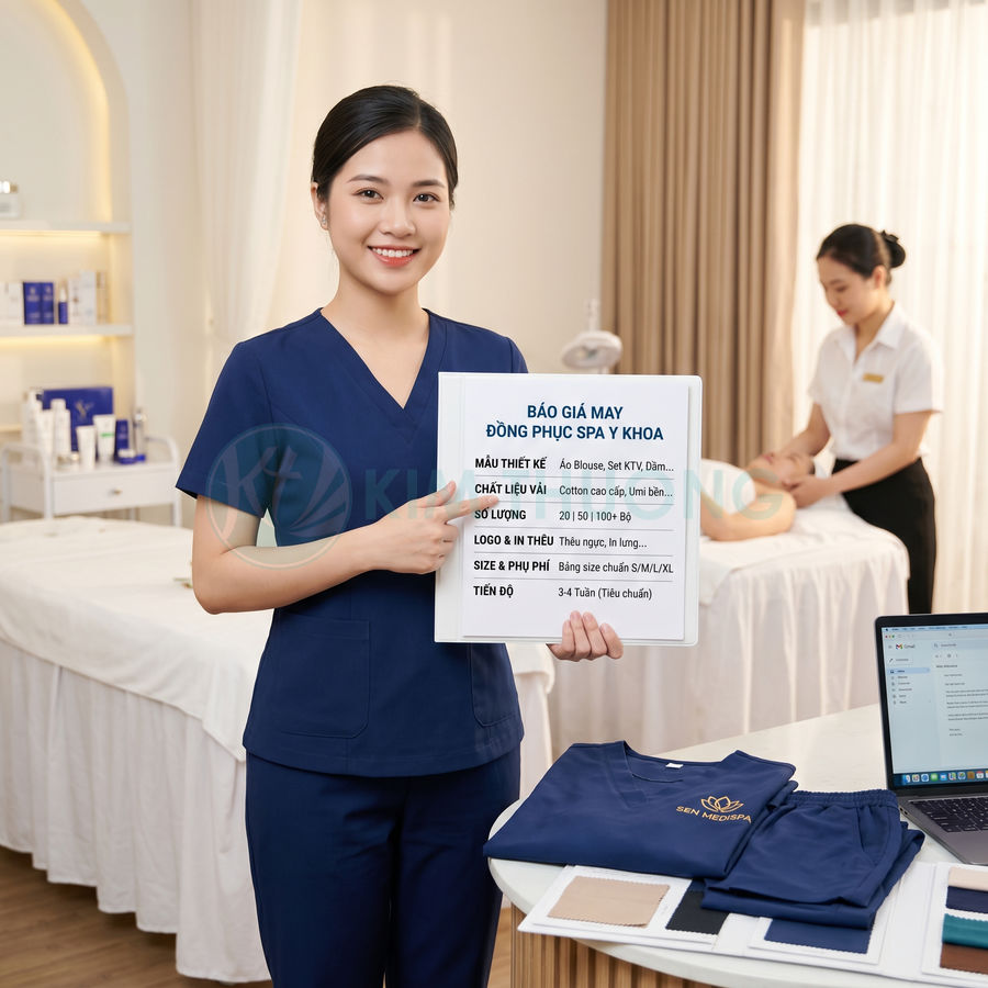 Nhân viên spa mặc đồng phục y khoa màu xanh navy cầm bảng báo giá may đồng phục spa trong phòng trị liệu